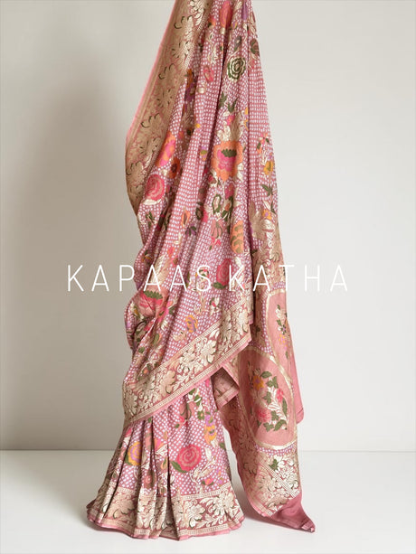 Pure Banarasi Georgette Meenakari Bandhani Saree in Pink | Kapaas Katha