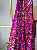 Magenta Floral Pure Gajji Silk Bandhani Saree