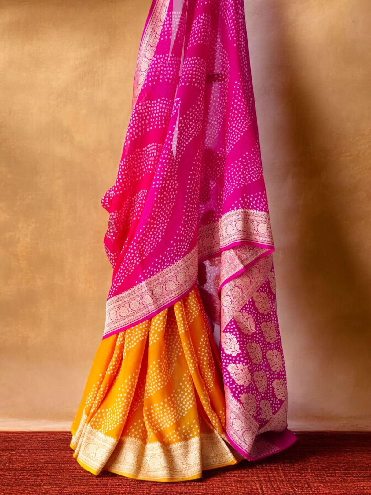 Multicolored Pure Banarsi Georgette Bandhani Saree