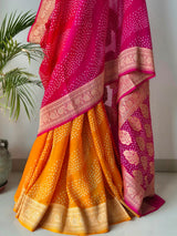 Multicolored Pure Banarsi Georgette Bandhani Saree