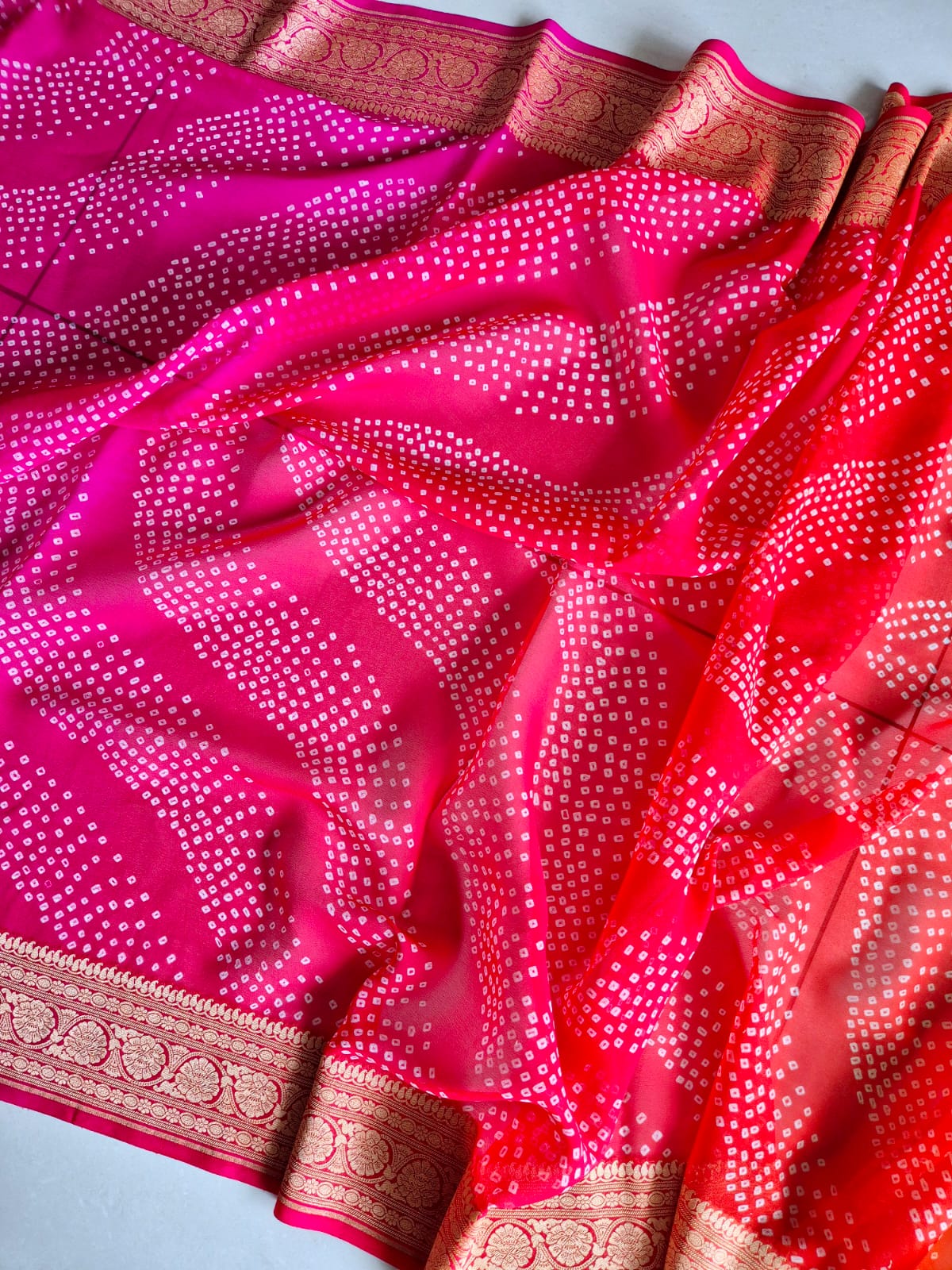 Multicolored Pure Banarsi Georgette Bandhani Saree