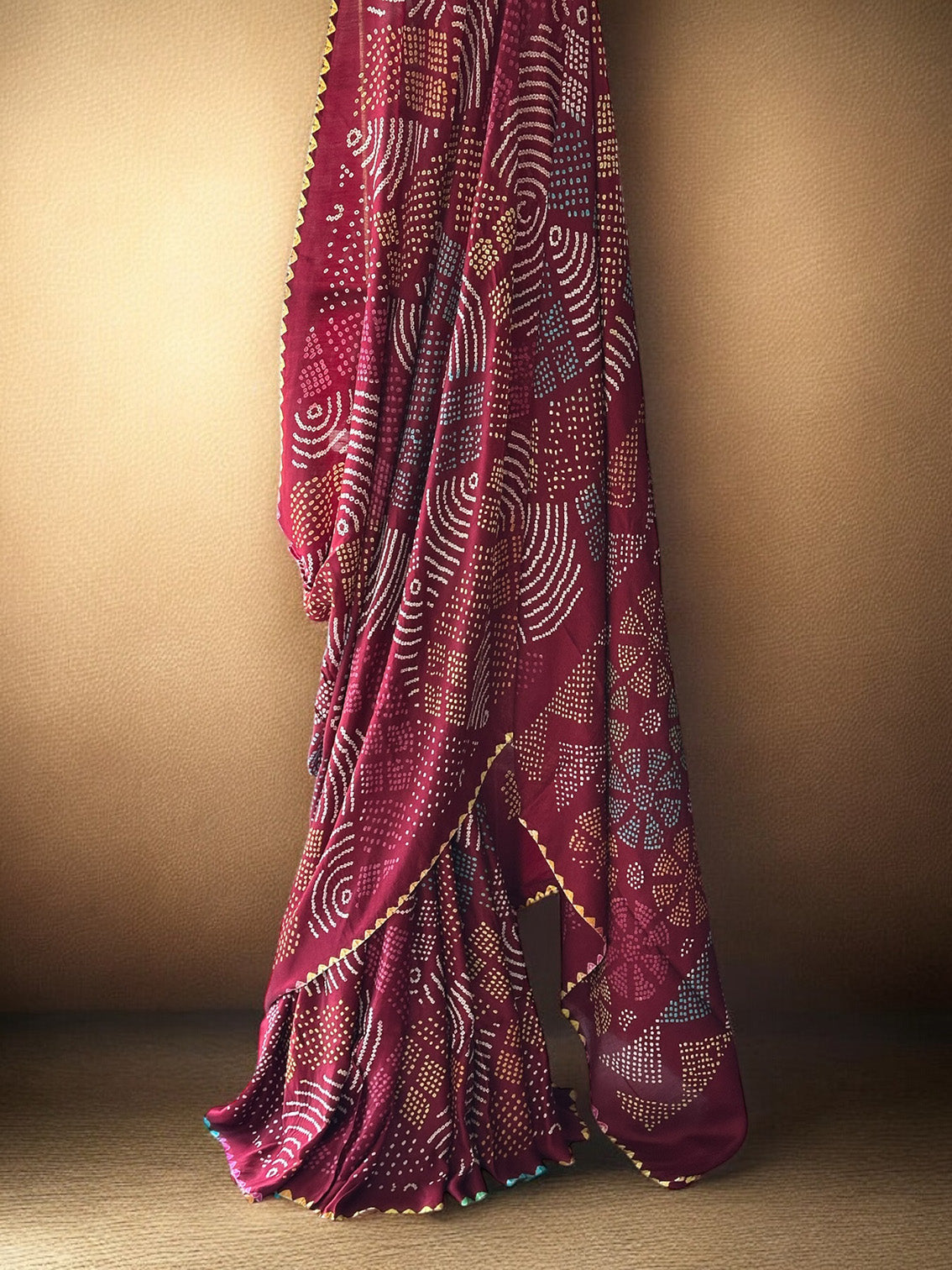 Geometric Theme Maroon Pure Gajji Silk Bandhani Saree