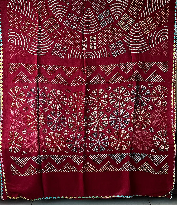 Geometric Theme Maroon Pure Gajji Silk Bandhani Saree