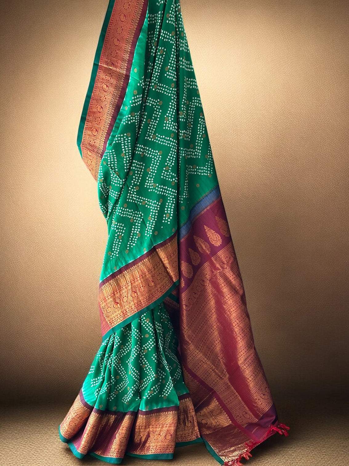 Green and Maroon Kanjivaram Silk Bandhani Saree