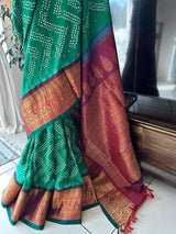 Green and Maroon Kanjivaram Silk Bandhani Saree