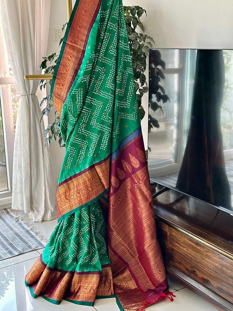 Green and Maroon Kanjivaram Silk Bandhani Saree