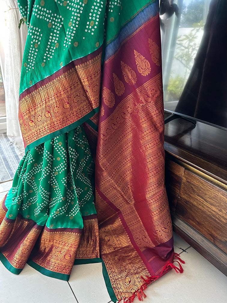 Green and Maroon Kanjivaram Silk Bandhani Saree