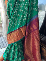 Green and Maroon Kanjivaram Silk Bandhani Saree