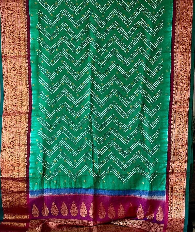 Green and Maroon Kanjivaram Silk Bandhani Saree