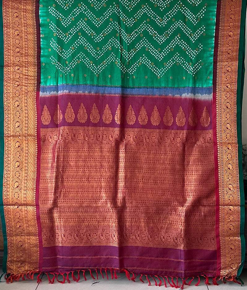 Green and Maroon Kanjivaram Silk Bandhani Saree