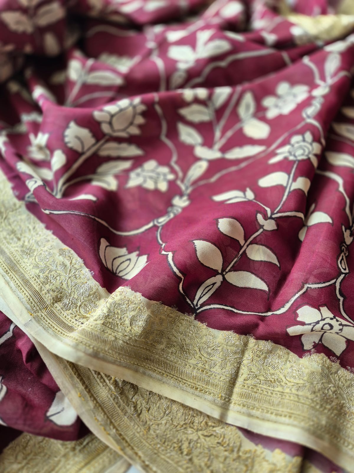 Maroon Mughlai Floral Pure Banarsee Georgette Kalamkari Saree