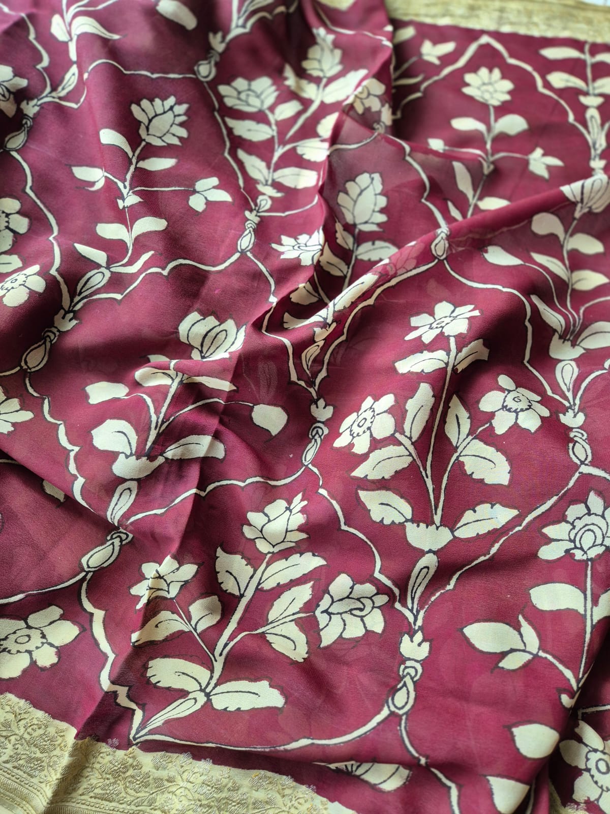 Maroon Mughlai Floral Pure Banarsee Georgette Kalamkari Saree