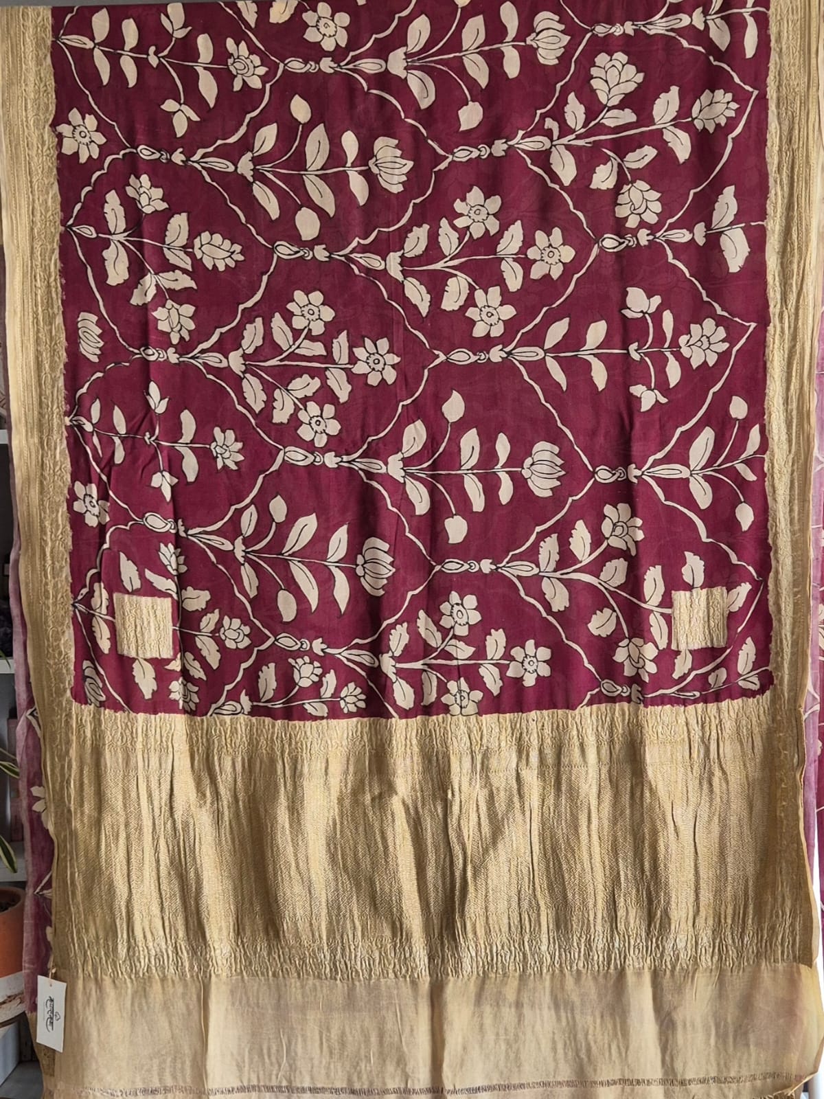 Maroon Mughlai Floral Pure Banarsee Georgette Kalamkari Saree