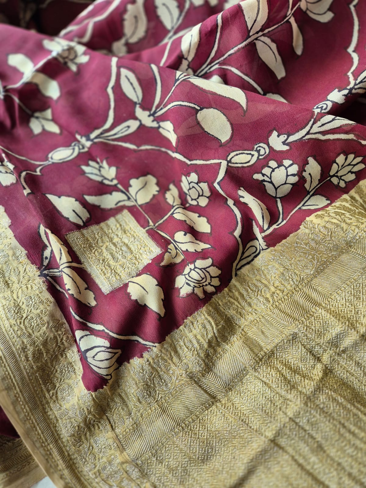 Maroon Mughlai Floral Pure Banarsee Georgette Kalamkari Saree