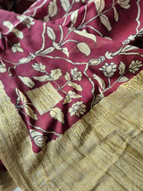 Maroon Mughlai Floral Pure Banarsee Georgette Kalamkari Saree
