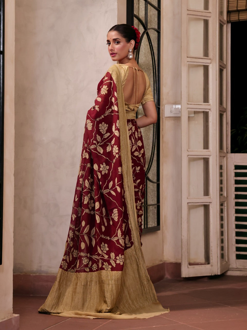 Maroon Mughlai Floral Pure Banarsee Georgette Kalamkari Saree