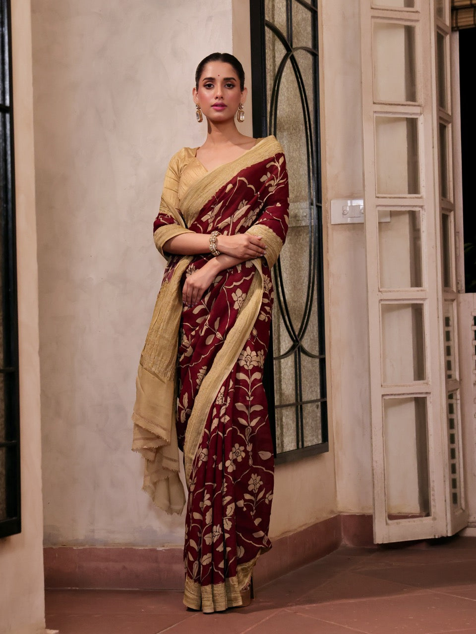 Maroon Mughlai Floral Pure Banarsee Georgette Kalamkari Saree