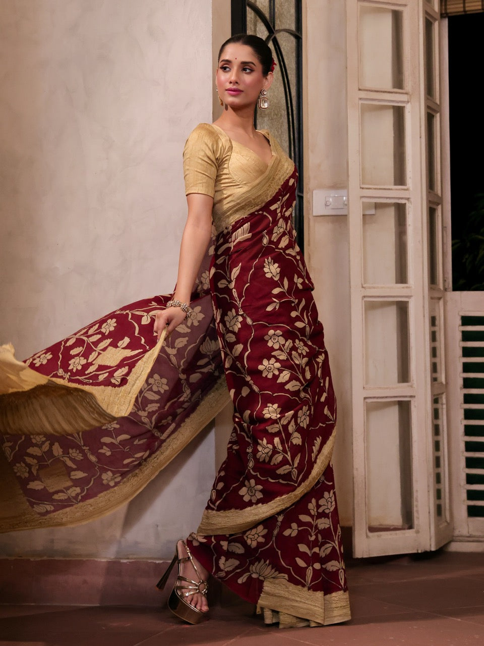 Maroon Mughlai Floral Pure Banarsee Georgette Kalamkari Saree