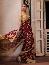 Maroon Mughlai Floral Pure Banarsee Georgette Kalamkari Saree