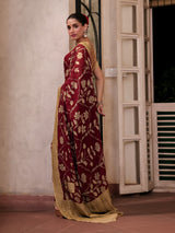 Maroon Mughlai Floral Pure Banarsee Georgette Kalamkari Saree
