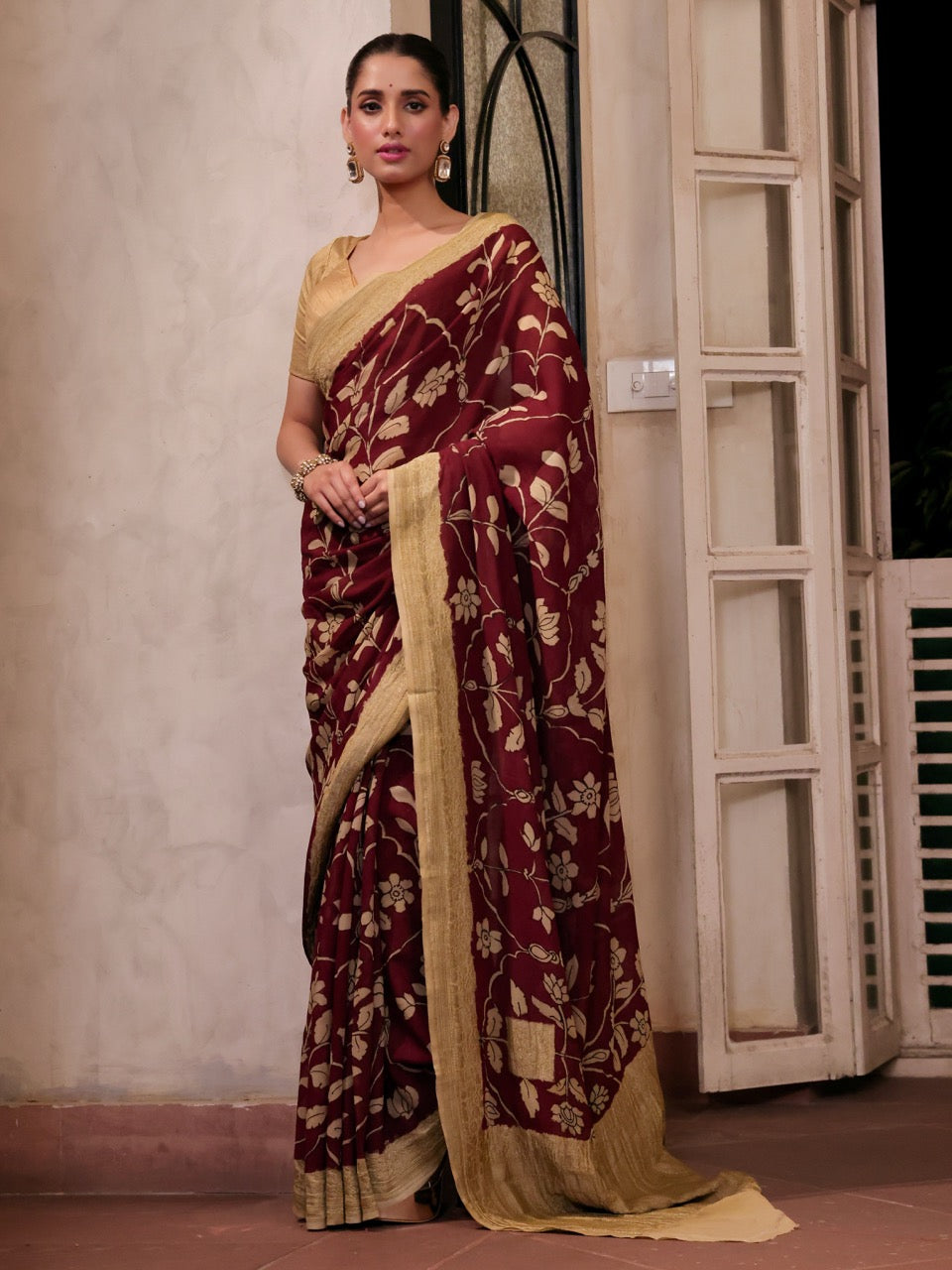 Maroon Mughlai Floral Pure Banarsee Georgette Kalamkari Saree