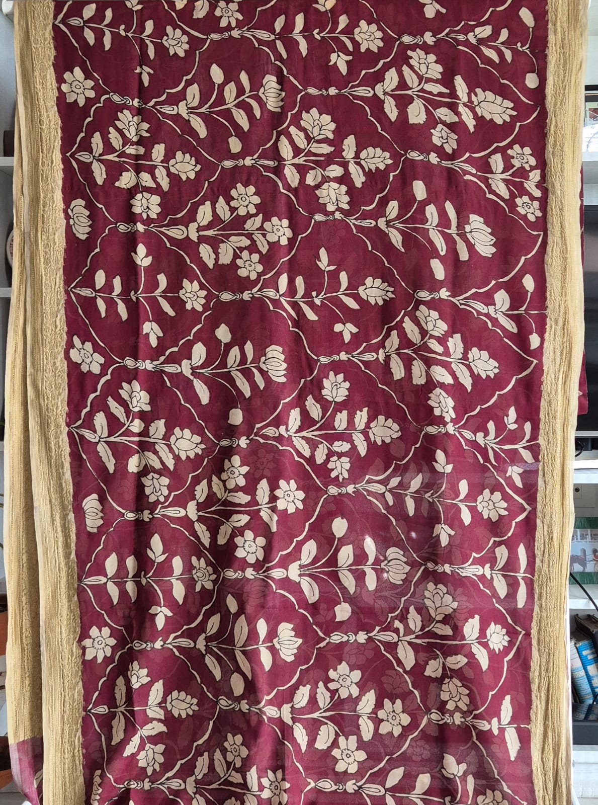 Maroon Mughlai Floral Pure Banarsee Georgette Kalamkari Saree