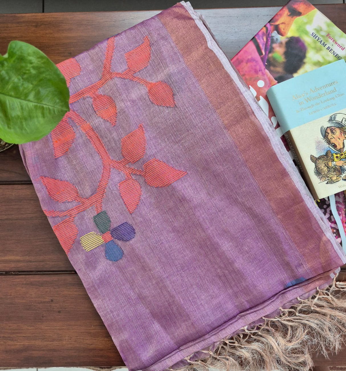 Mauve Base with Orange Stems Handloom Tissue Silk Saree with Jamdani weaving