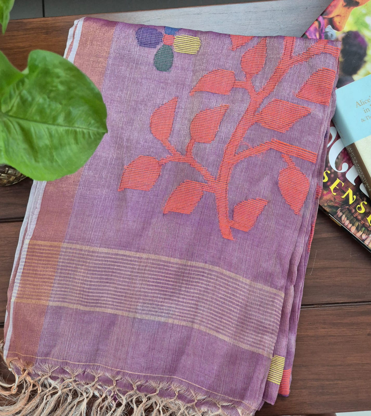 Mauve Base with Orange Stems Handloom Tissue Silk Saree with Jamdani weaving