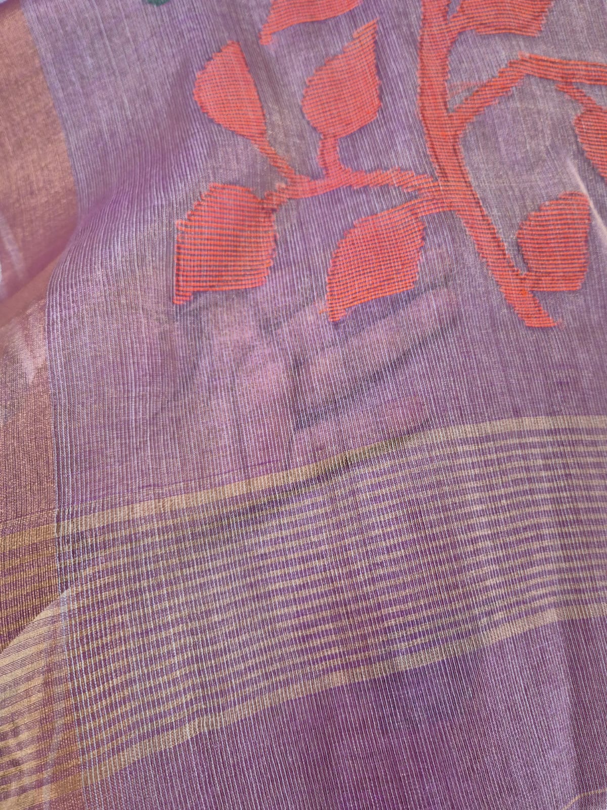 Mauve Base with Orange Stems Handloom Tissue Silk Saree with Jamdani weaving