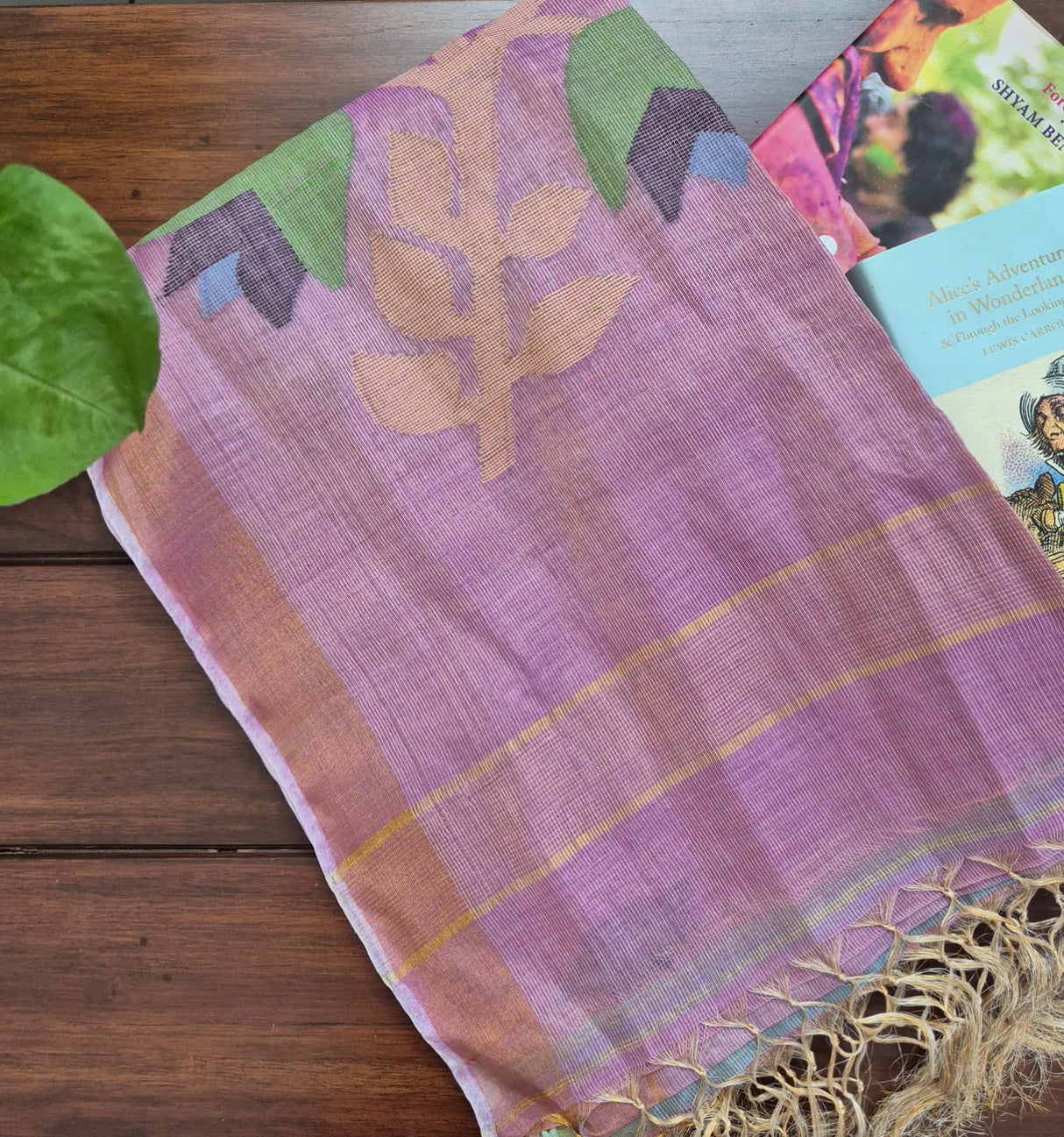 Mauve Base with Peach Stems Handloom Tissue Silk Saree with Jamdani weaving