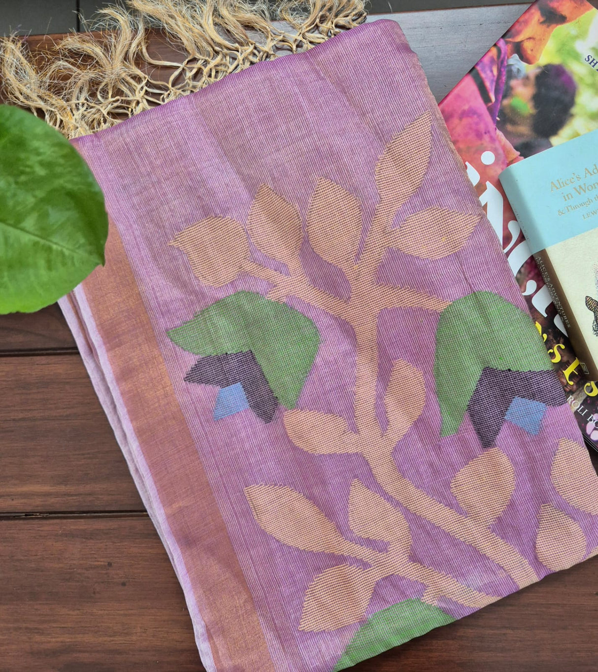 Mauve Base with Peach Stems Handloom Tissue Silk Saree with Jamdani weaving
