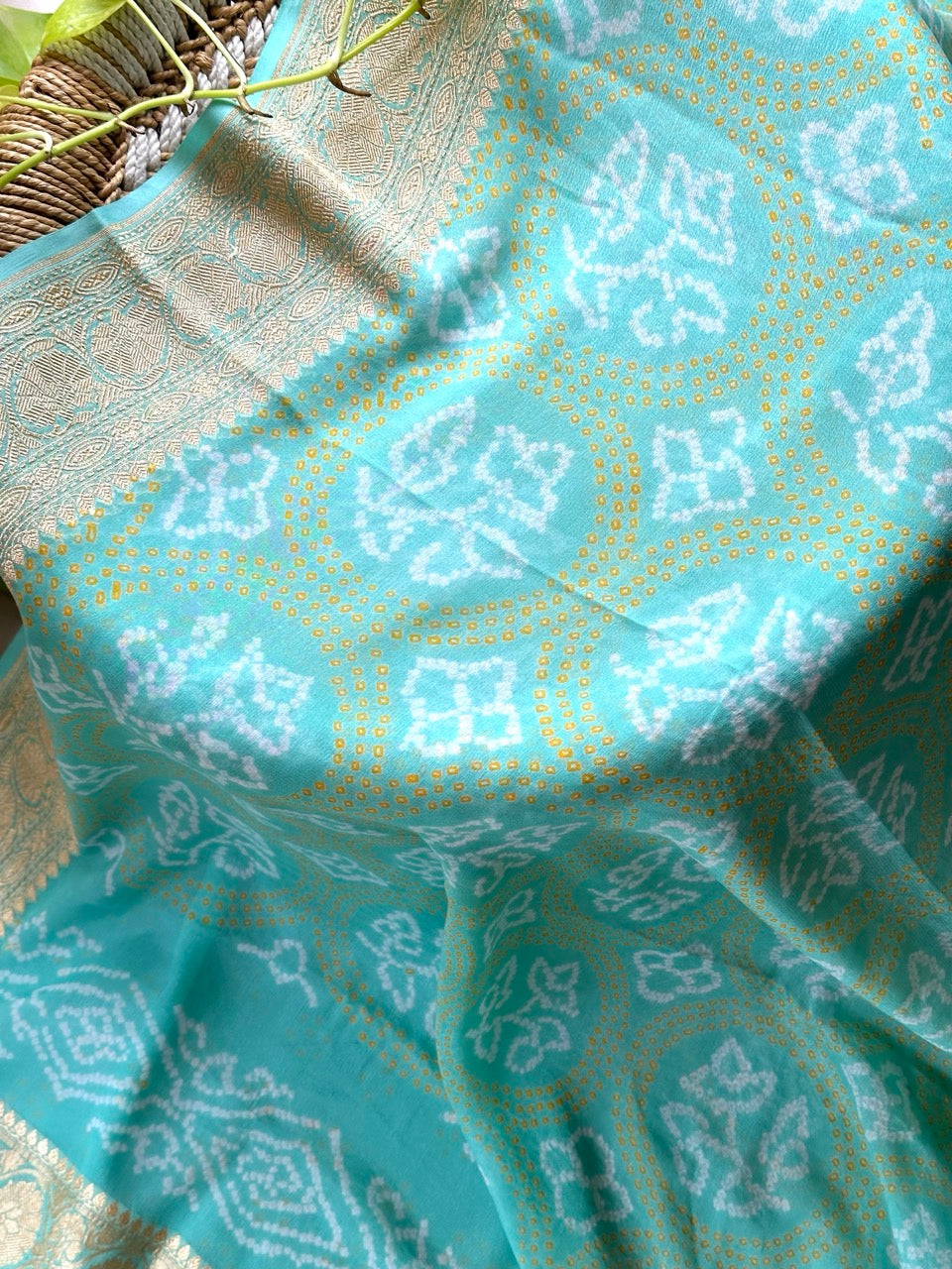 Mehfil Mist - Sophisticated Sea Green Pure Banarasi Chiffon Georgette Bandhani Saree