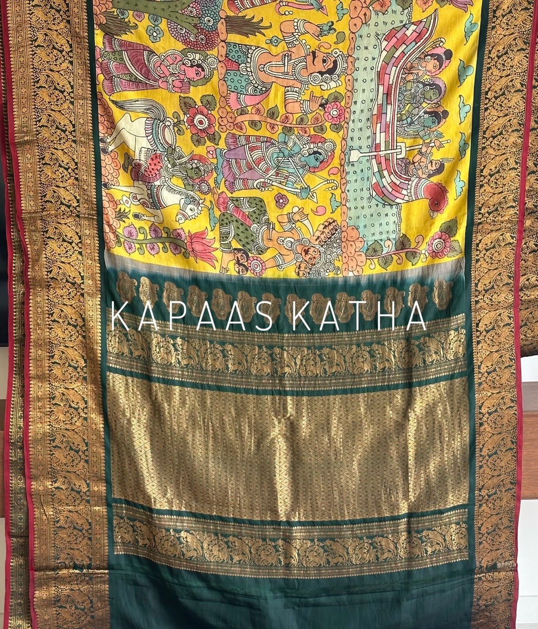 Mor-Hari Hues Divine Theme Kanjivaram Silk Kalamkari Saree