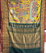 Mor-Hari Hues Divine Theme Kanjivaram Silk Kalamkari Saree