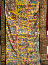 Mor-Hari Hues Divine Theme Kanjivaram Silk Kalamkari Saree
