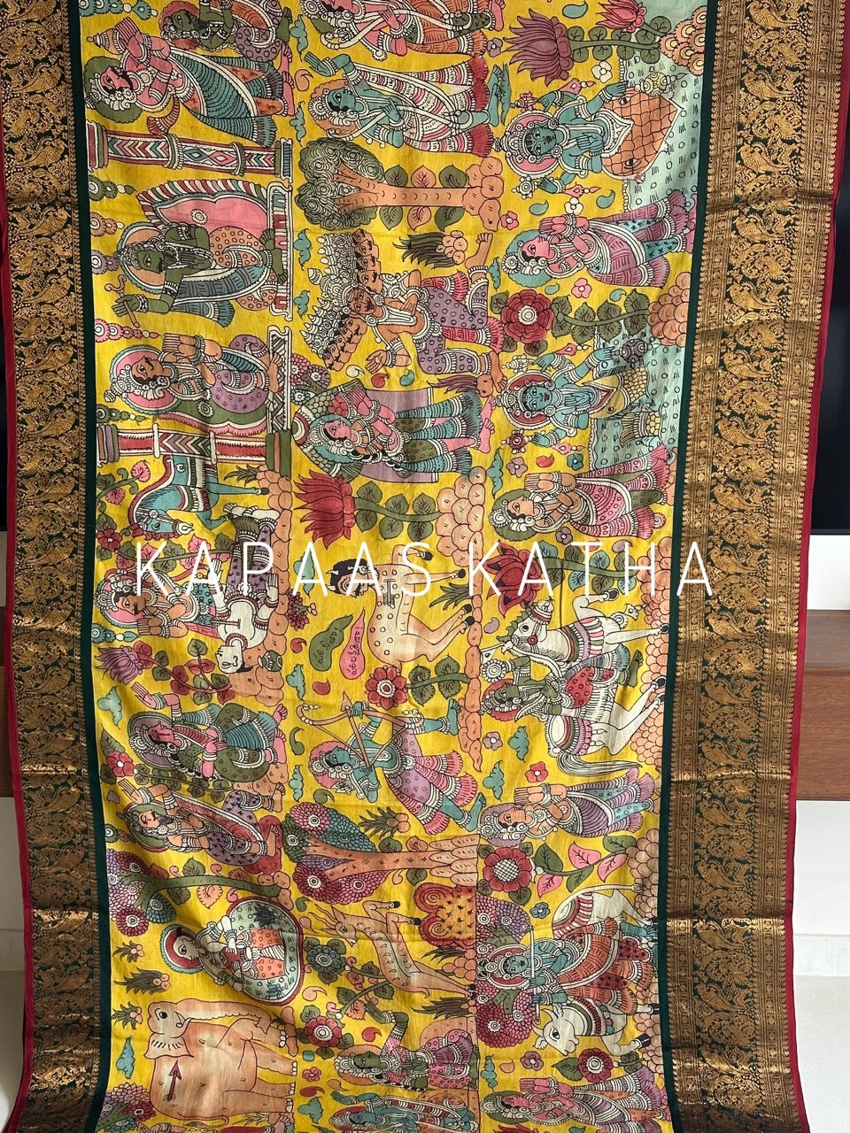 Mor-Hari Hues Divine Theme Kanjivaram Silk Kalamkari Saree