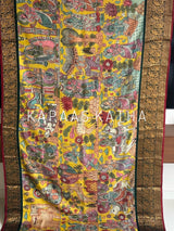Mor-Hari Hues Divine Theme Kanjivaram Silk Kalamkari Saree
