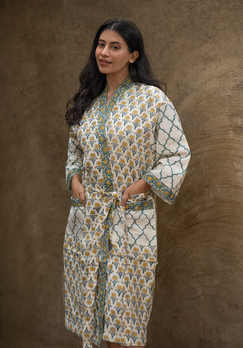 Mughal Theme Handblock Printed Cotton Waffle Bath Robe