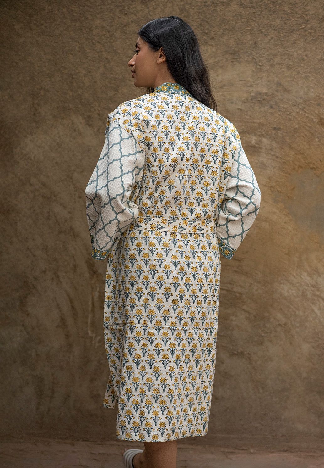 Mughal Theme Handblock Printed Cotton Waffle Bath Robe