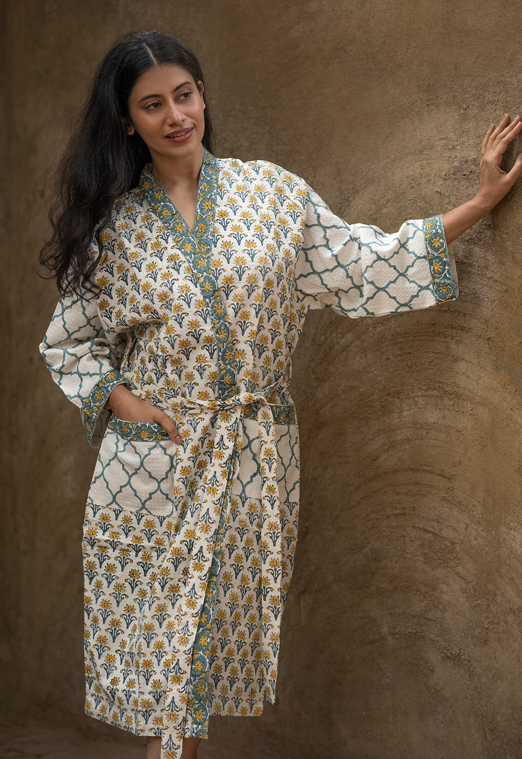 Mughal Theme Handblock Printed Cotton Waffle Bath Robe