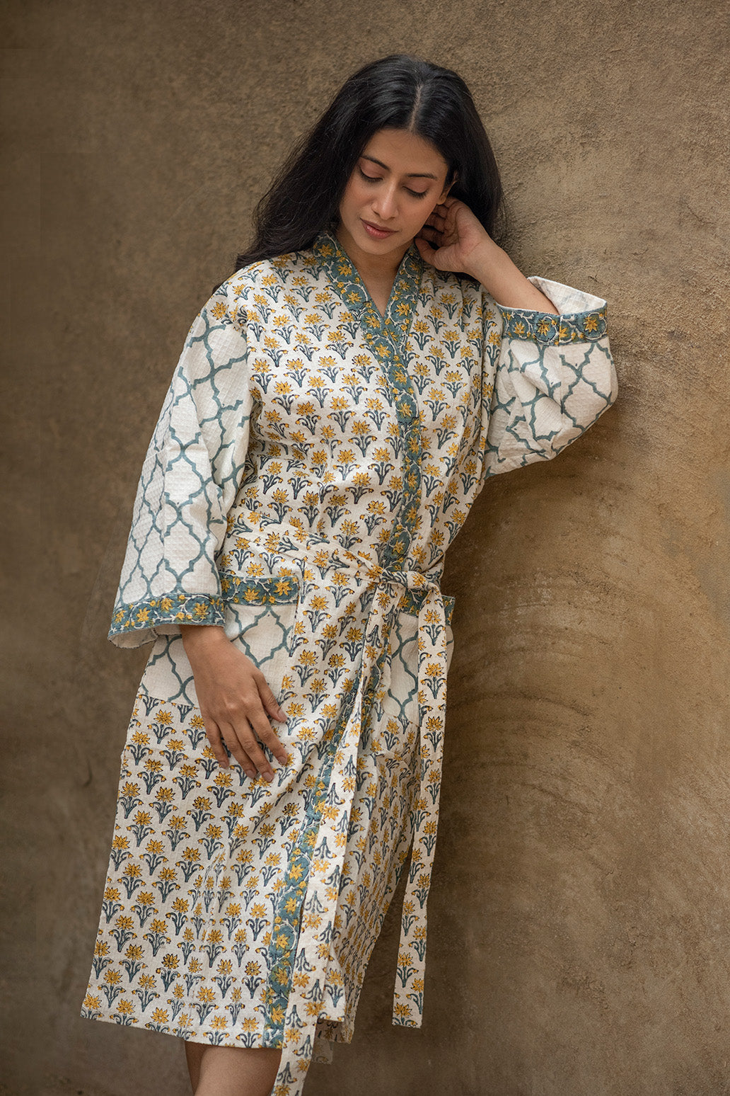 Mughal Theme Handblock Printed Cotton Waffle Bath Robe