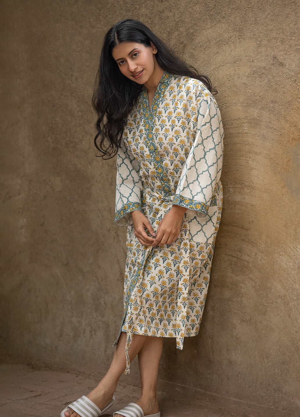 Mughal Theme Handblock Printed Cotton Waffle Bath Robe