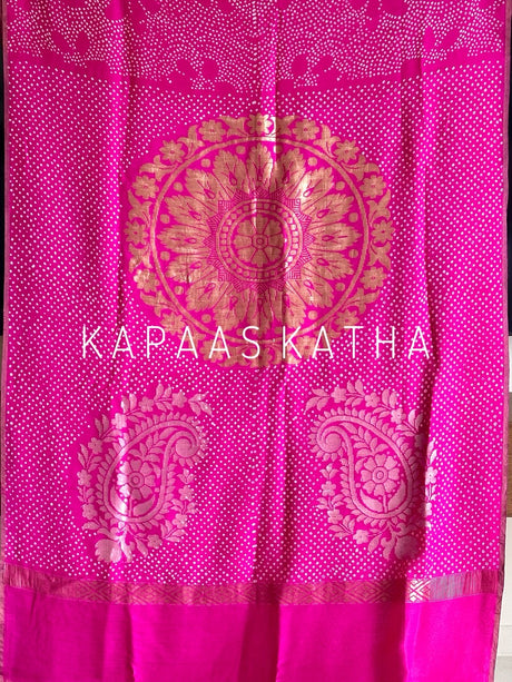 Munga Silk Bandhani Saree in Rani Pink | Kapaas Katha