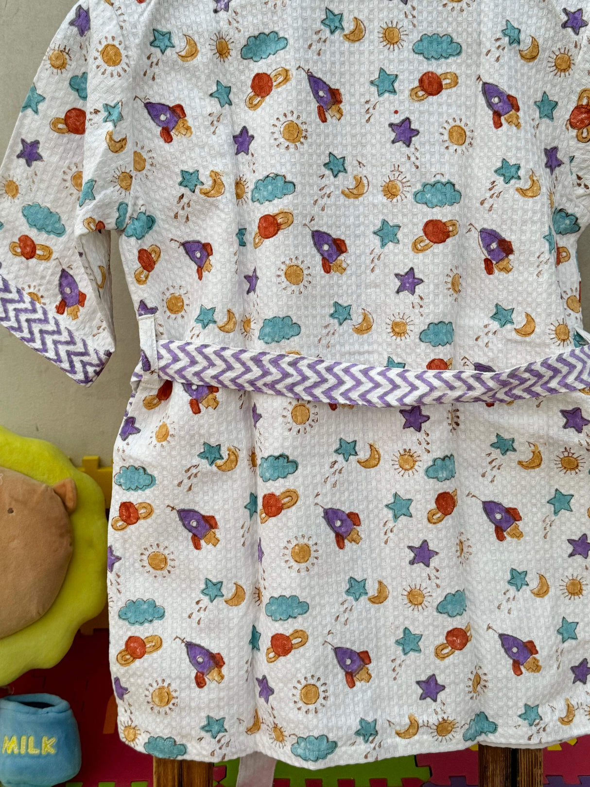 waffle bathrobe for kids space theme, best-selling retail and wholesale worldwide, available in USA, UK