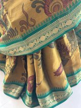 mustard-green-cotton-kalamkari-saree-front-drape-view