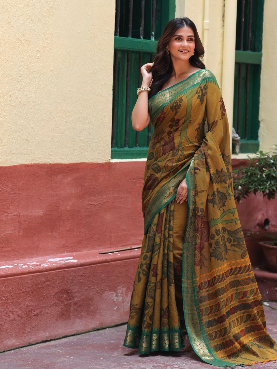 mustard-green-cotton-kalamkari-saree-front-view