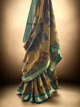 mustard-green-cotton-kalamkari-saree-full-length-view