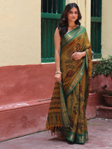 mustard-green-cotton-kalamkari-saree-styled-look-side-angle