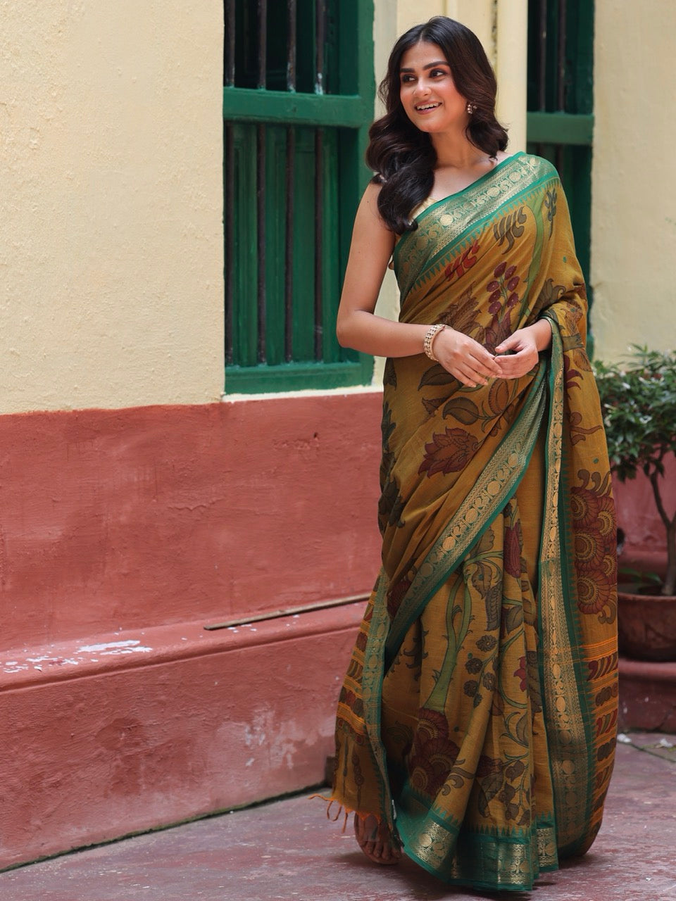 mustard-green-cotton-kalamkari-saree
