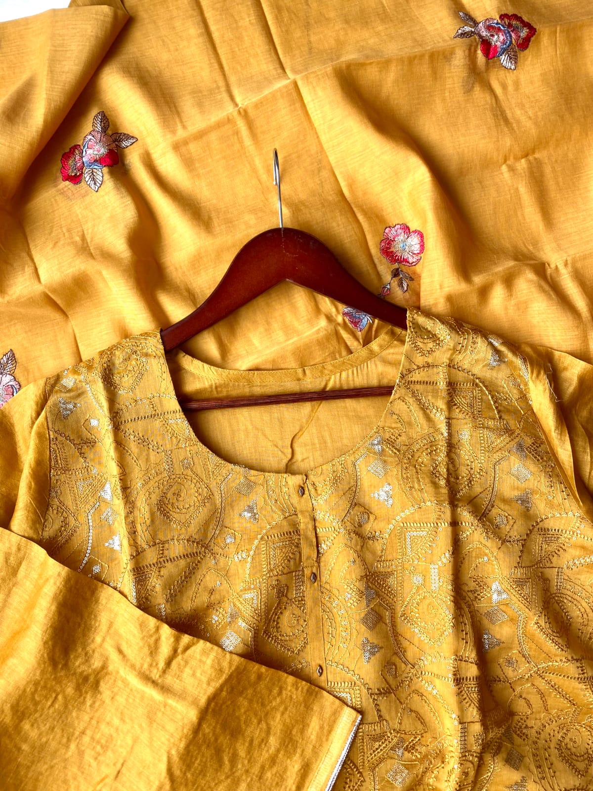 mustard-mul-chanderi-embroidered-semi-stitched-kurta-set